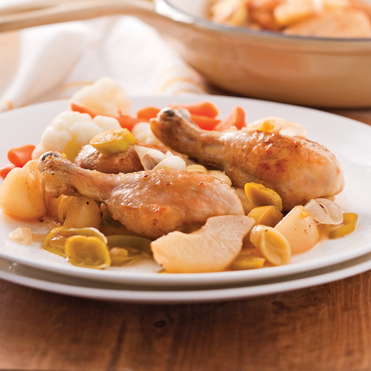 Chicken drumsticks with pears and leeks | Chicken drumsticks recipe
