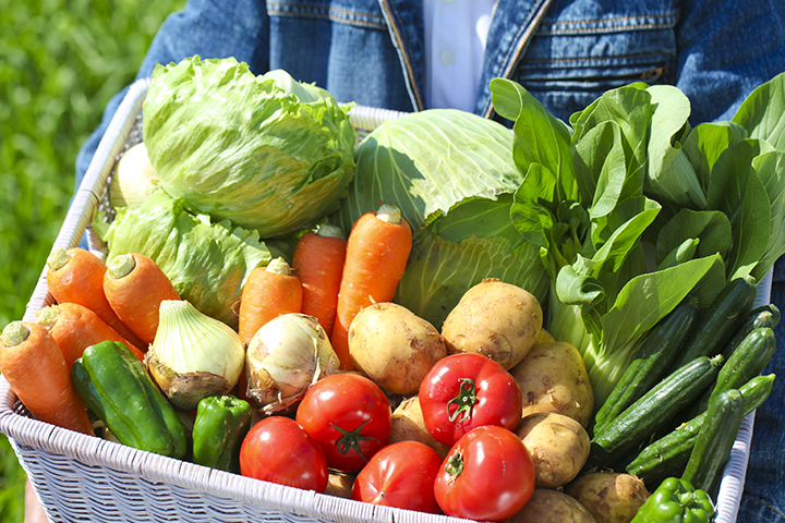 Panier de légumes prêt à emporter en vente au kiosque d’une ferme locale