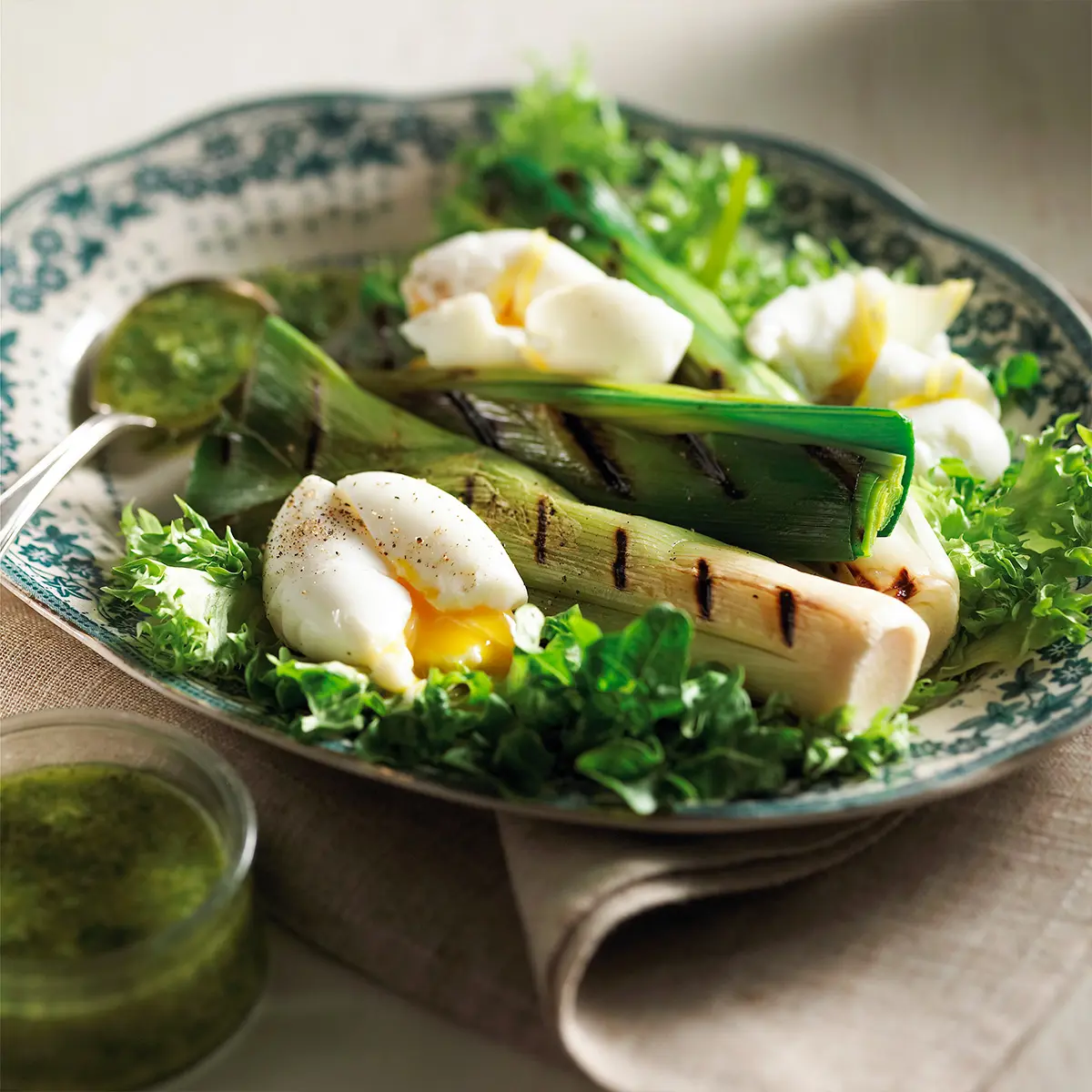 Roasted leek and soft‑boiled egg salad