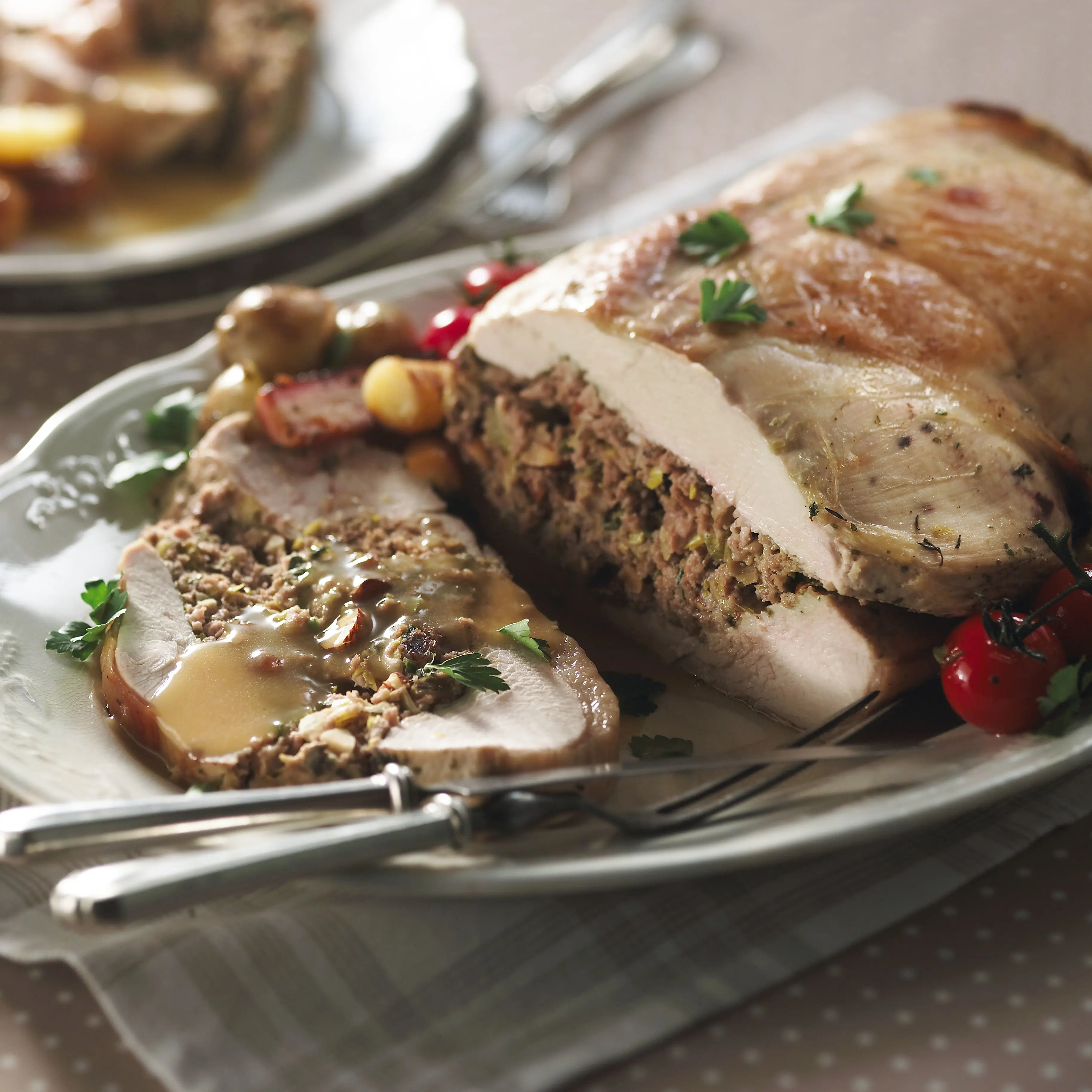 Roast turkey stuffed with leeks, almonds and chestnuts